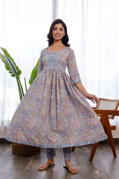 Light Purple Floral Hand Block Printed Anarkali Set