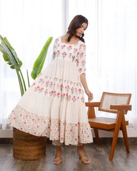 White Cotton Floral Hand Block Printed Anarkali Set