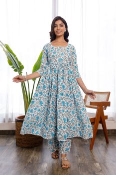 Floral Handblock Printed Blue Anarkali And Pants Set