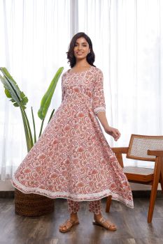 Floral Handblock Printed Orange Anarkali And Pants Set