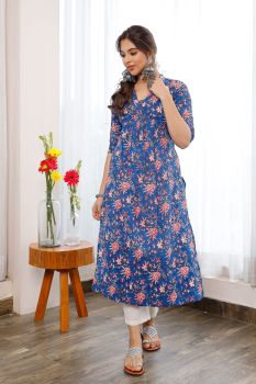 Blue Floral Hand Block Printed Anarkali And Pant Set
