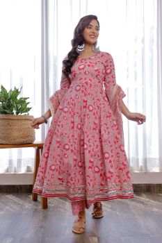 Pink And Red Hand Block Printed Suit With Pants And Cotton Dupatta With Gotta Details