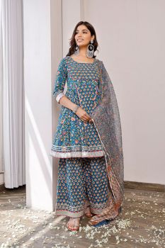 Blue Hand Block Printed Peplum Top With Palazzo Pants Paired With Printed Doria Dupatta