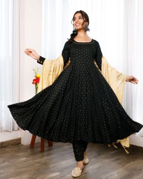 Black Rayon Anarkali With Golden Polka Print Paired Up With Pants And Embroided Golden Tissue Dupatta