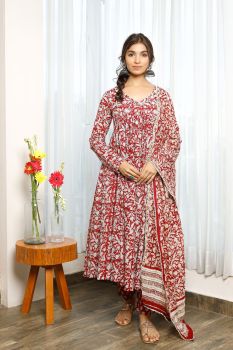 Red Floral Hand Block Printed Full Sleeves Anarkali With Gathers Paired With Printed Pants And Chanderi Dupatta