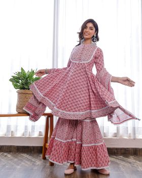 Pink Hand Block Printed Peplum Top With Manderian Collar And Gathers At Waist Paired With Sharara And Cotton Dupatta