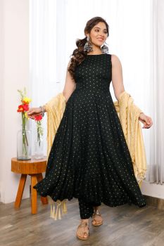 Black Polka Dots Rayon Anarkali With Pants And Golden Embroidered Tissue Dupatta