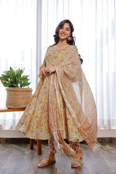 Mustard Hand Block Printed Floral Anarkali With Flare Sleeves Paired With Pants And Chandeeri Dupatta