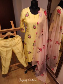 Yellow kurta pants with pink dupatta