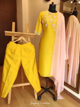 Yellow 3D Work Kurta Pants with Scalps Dupatta