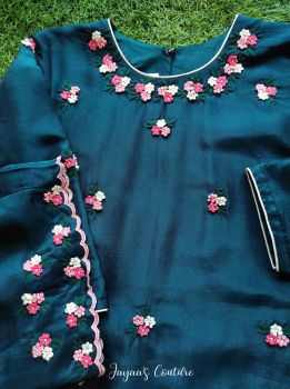 Peacock blue kurta and cullotes with pink dupatta