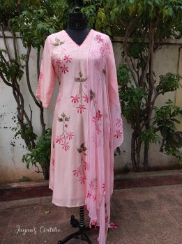Blush Pink Hand Painted kurta pant dupatta set
