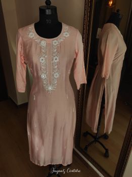 Peachish Pink kurta Pants with net Dupatta