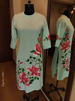 Pastel sea Green Hand Painted Kurta pants