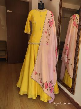 Yellow short kurti with skirt and dupatta