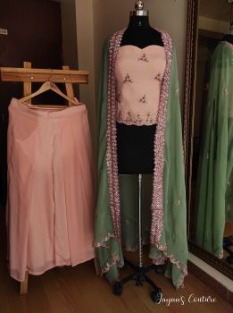 Blush pink crop top with dusty green cape with plazzo