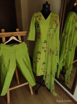 Parrot Green Hand painted kurta pants dupatta