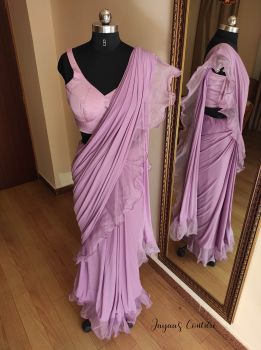 Lavender ruffled saree with blouse and organza jacket