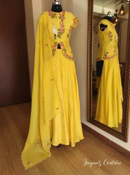 Yellow peplum with flared sharara and dupatta