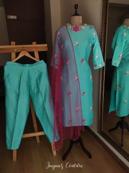 Sea Blue 3d work Kurta Pants dupatta set
