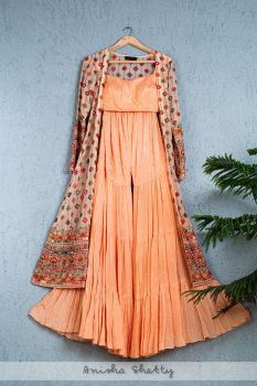Coral Peach Sharara Set With Multicolor Thread work Jacket