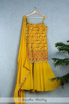 Mustard Yellow With Colorful Threadwork Sharara Set