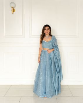 Chanderi layer mukaish lehenga (Blue)