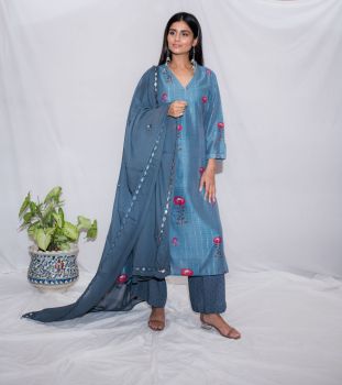 Blue Floral Asymmetric Kurta Set