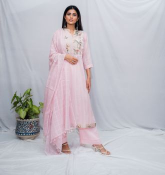 Pink Self Floral Yoke Set
