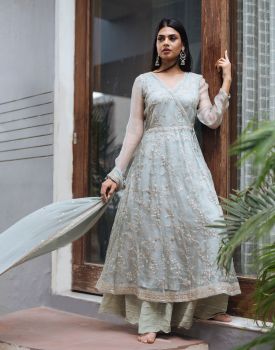 Embroidered organza angrakha shirt set