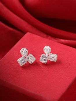 Tri Crystal Solitaire CZ Studded Rhodium Earrings in 925 Sterling Silver
