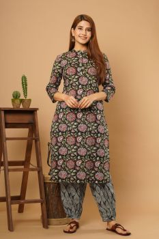 Black Printed Cotton Kurta Set