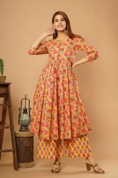 Yellow Printed Cotton Kurta Set