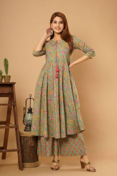 Green Printed Cotton Kurta Set