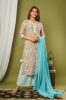 Sky Blue Printed Cotton Kurta Set With Solid Dupatta