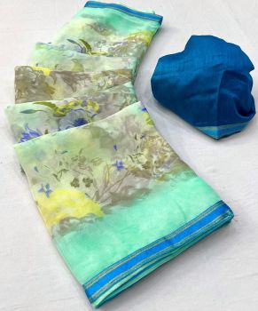 Sea Green Flower Design Printed Work Chiffon Saree