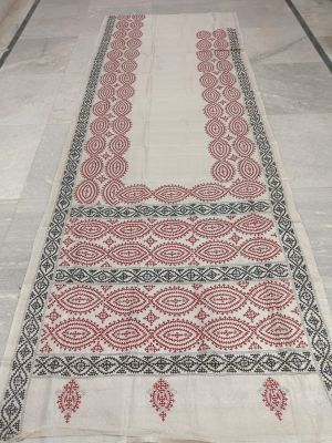 Off White Brick Red Pure Handloom Kantha Silk Saree From Bengal