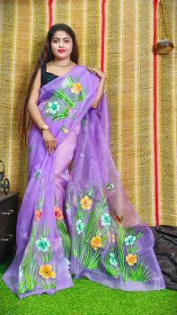 Light Purple Hand Printed Pure Handloom Organza Saree