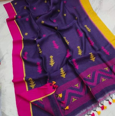 Navy Blue Pure Handloom Linen By Linen Saree From Bengal