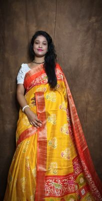 Yellow Pure Handloom Tussar Silk Saree From Bengal
