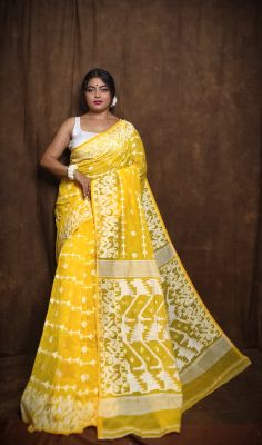 Yellow Pure Handloom Dhakai Jamdani Saree From Bengal