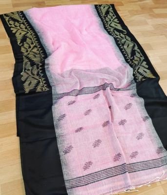 White Black Pure Handloom Linen By Linen Saree From Bengal