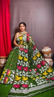 Mehandi Green Pure Handloom Dhakai Jamdan Saree From Bengal