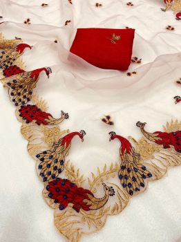 White Peacock Design Embroidery Diamond Work Organza Saree