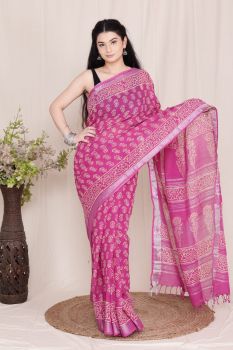 Dark Pink Hand Block Printed Linen Cotton Saree From Rajasthan