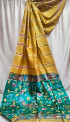 Golden Pure Handloom Kantha Silk Saree From Bengal