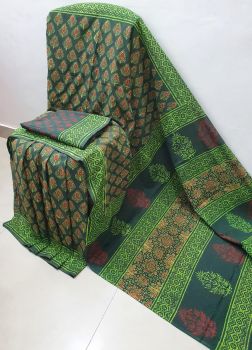 Dark Green Hand Block Printed Work Saree