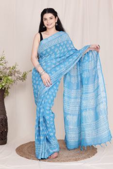 Sky Blue Hand Block Printed Linen Cotton Saree From Rajasthan