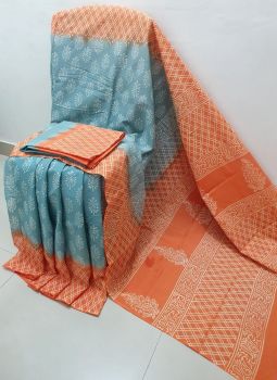 Bright Grey Orange Hand Block Printed Work Saree