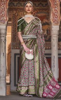 Grey Green Star Design Handloom Banarasi Silk Saree From Banaras